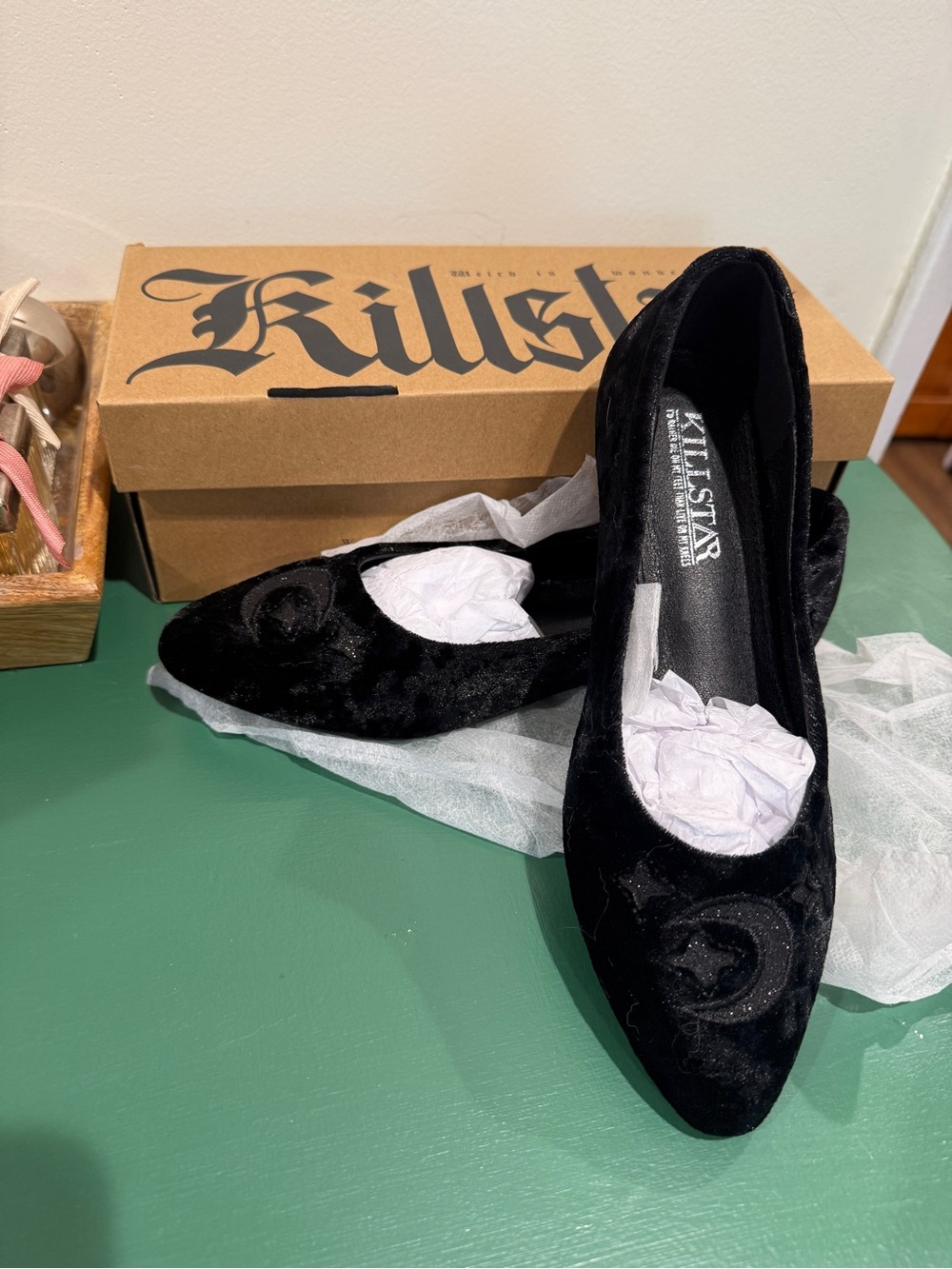 Killstar Black Velvet Pointed Flats with Crescent Embroidery